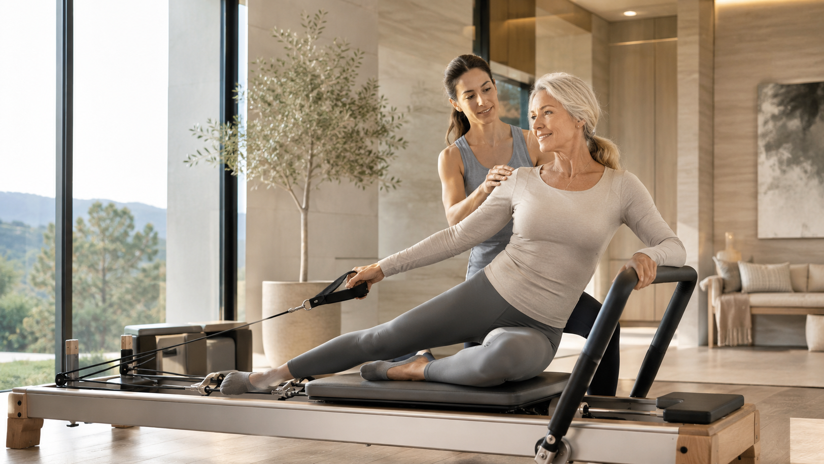 Woman over 50 exercising on pilates reformer in her home