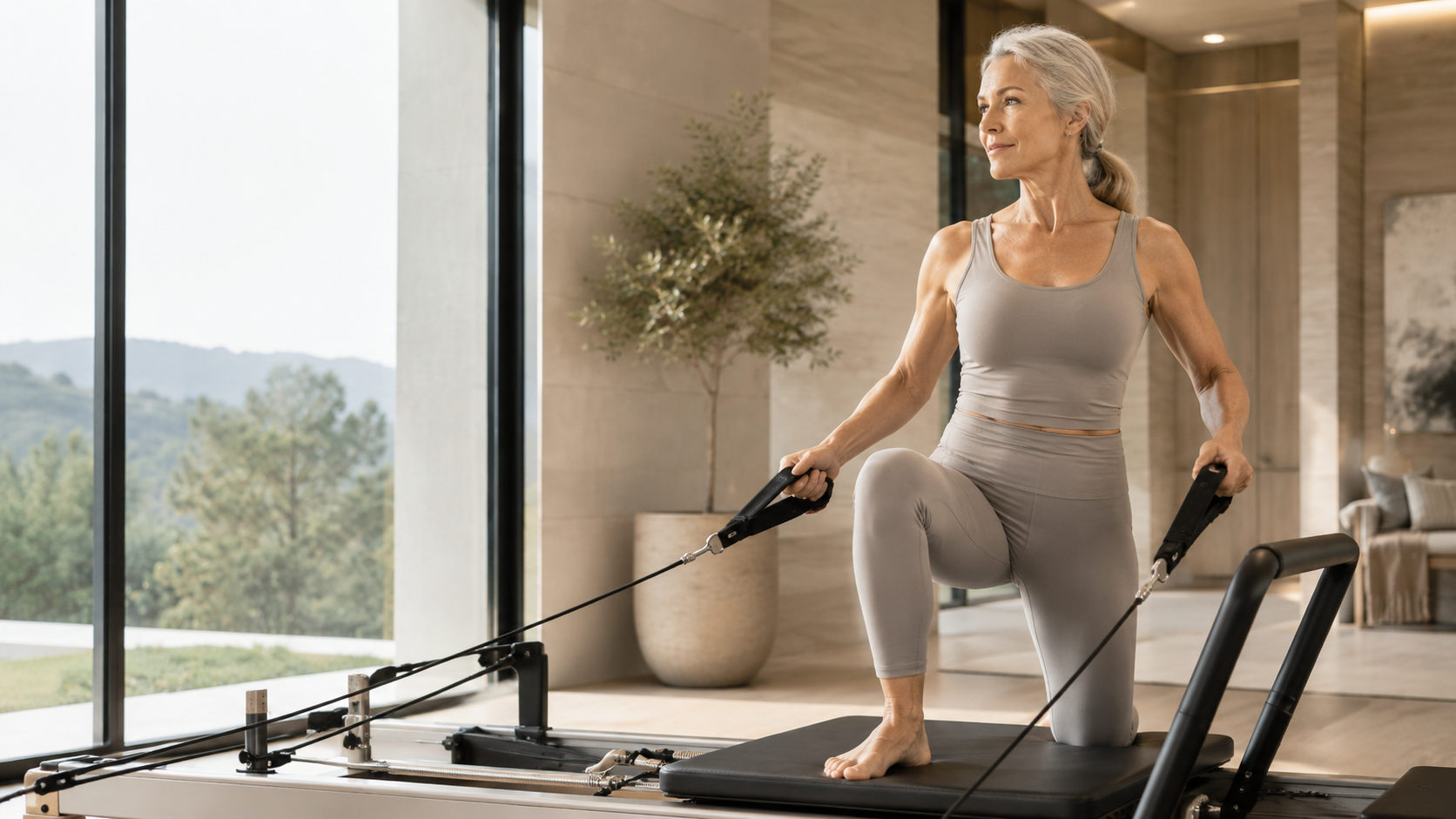 Woman over 50 on a pilates reformer at home
