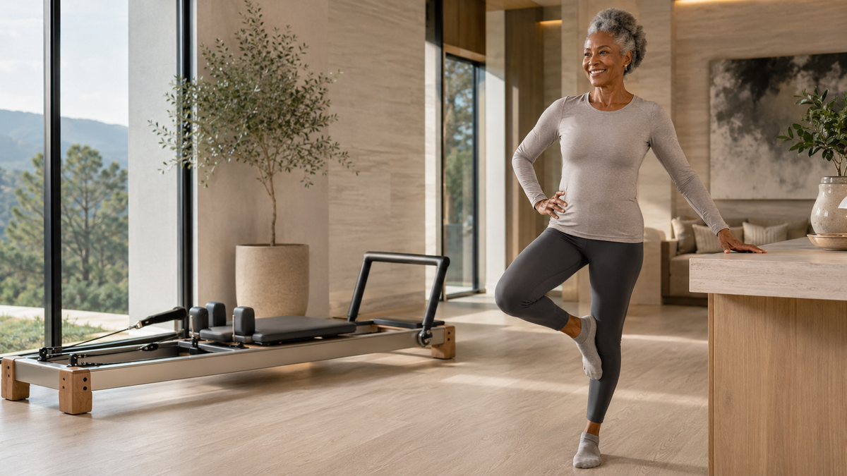Older woman balancing on one foot in her home with a pilates reformer