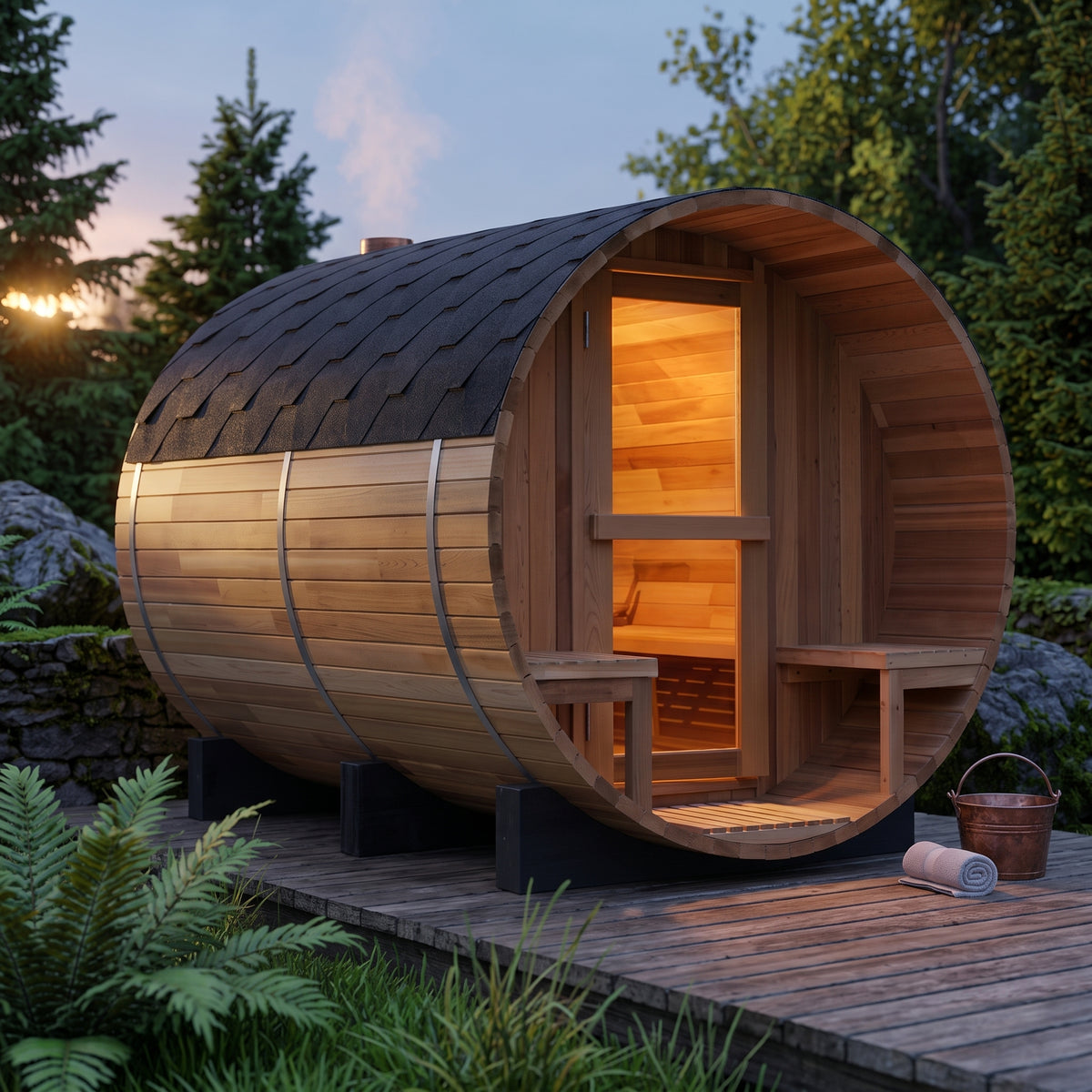6-Person Patchworkred Cedar Traditional Steam Barrel Sauna