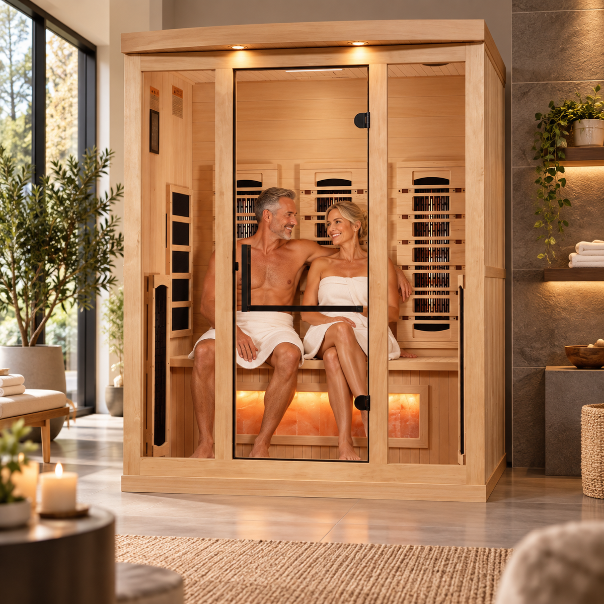 Golden Designs "Reserve Edition" 3-Person Full Spectrum PureTechâ„¢ Near Zero EMF Infrared Sauna with Himalayan Salt Bar