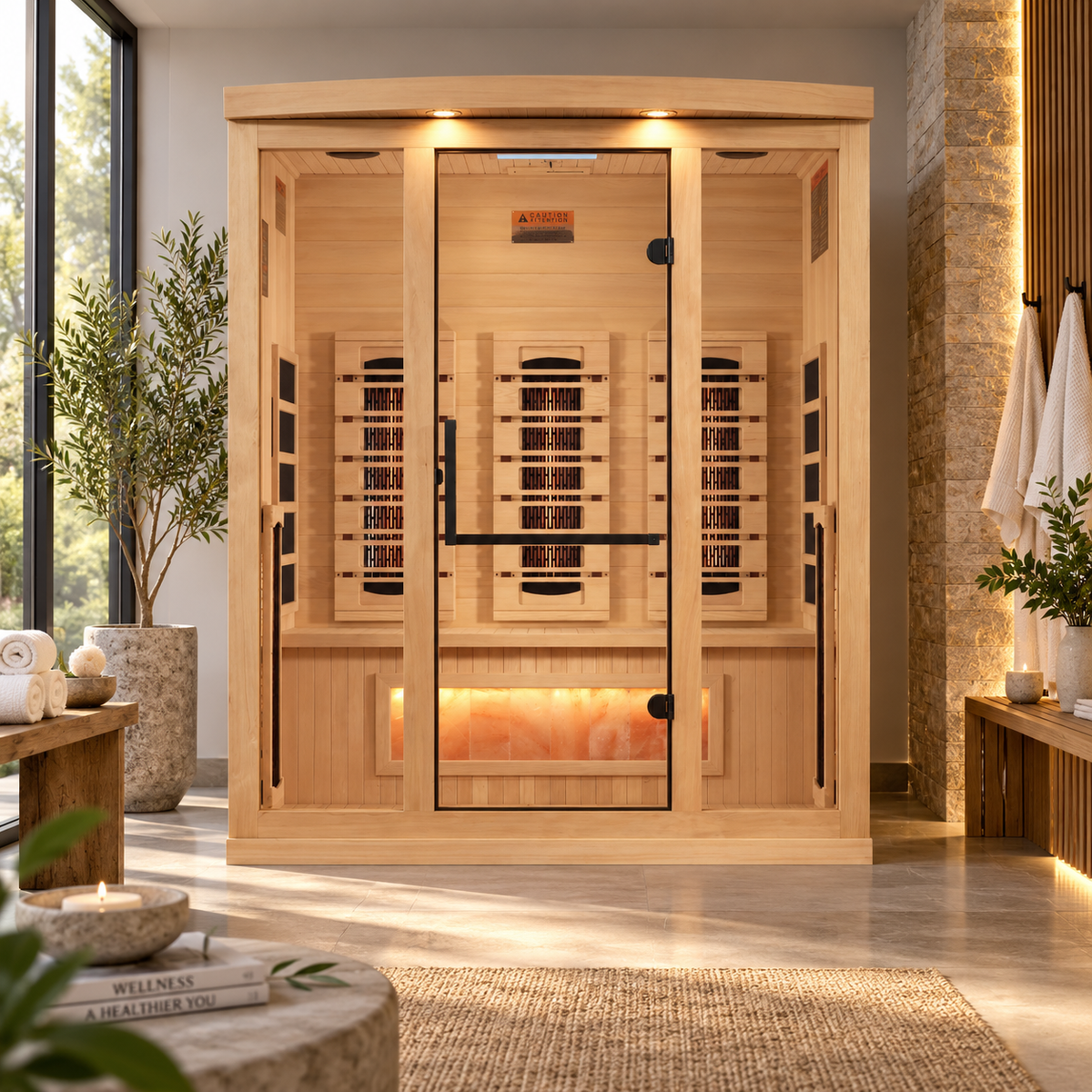 Golden Designs "Reserve Edition" 3-Person Full Spectrum PureTechâ„¢ Near Zero EMF Infrared Sauna with Himalayan Salt Bar