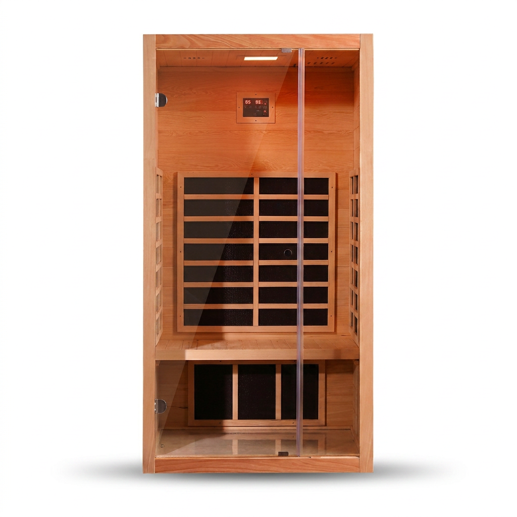 1 Person Extendable FAR Infrared Sauna for Home, Hemlock Wood Low EMF 6 Carbon Heaters Indoor Saunas with LED Lights, Bluetooth Speaker, Digital Control Panel, and Seating Bench — Studio Shot
