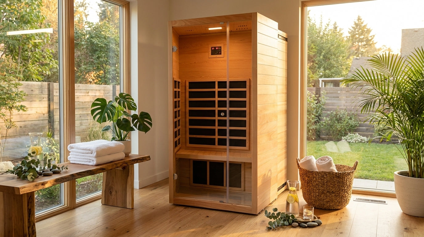 1 Person Extendable FAR Infrared Sauna for Home, Hemlock Wood Low EMF 6 Carbon Heaters Indoor Saunas with LED Lights, Bluetooth Speaker, Digital Control Panel, and Seating Bench — Lifestyle