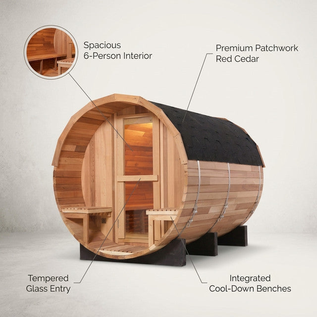 6-Person Patchworkred Cedar Traditional Steam Barrel Sauna — Lifestyle