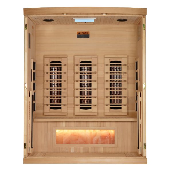 Golden Designs "Reserve Edition" 3-Person Full Spectrum PureTech™ Near Zero EMF Infrared Sauna with Himalayan Salt Bar
