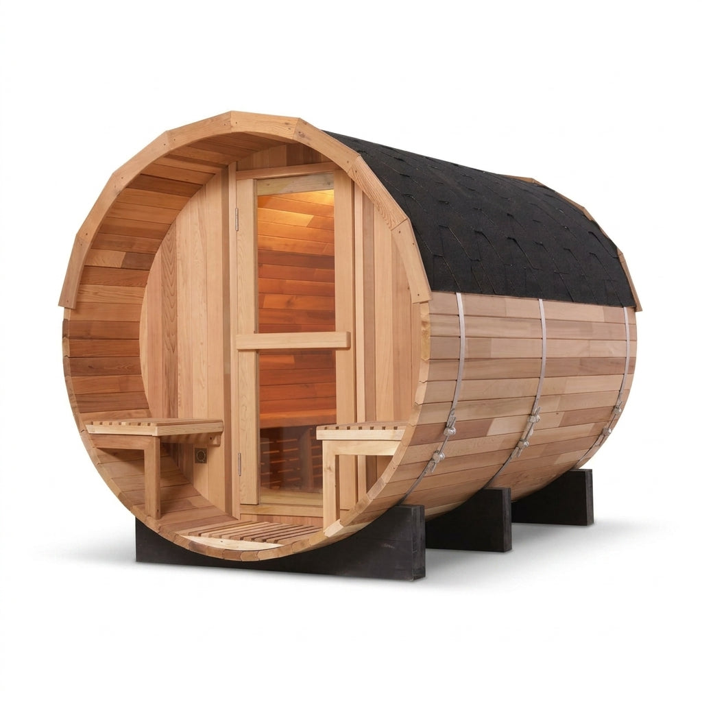 6-Person Patchworkred Cedar Traditional Steam Barrel Sauna — Studio Shot